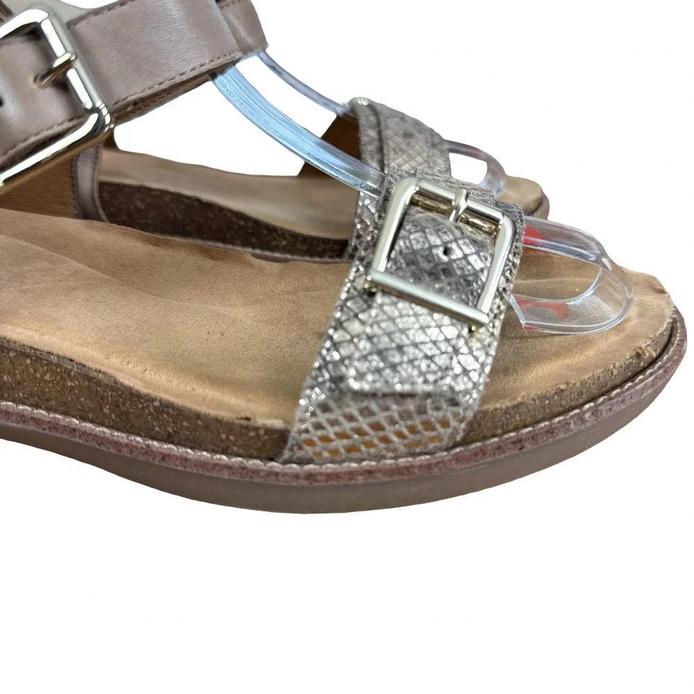 Sofft Leather Beige Gold Ankle Strap Sandals Low Wedge Open Toe Shoes sz 8 M